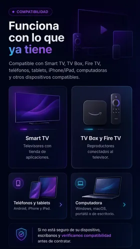 Compatibilidad de dispositivos: smart TV, TV Box y Fire TV, teléfonos y tablets, computadora